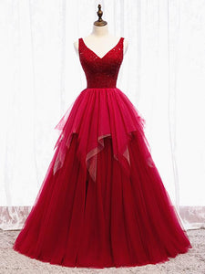 Red V Neck Long Prom Dresses with Corset Back, Red Floor Length Prom Gown, Evening Dresses