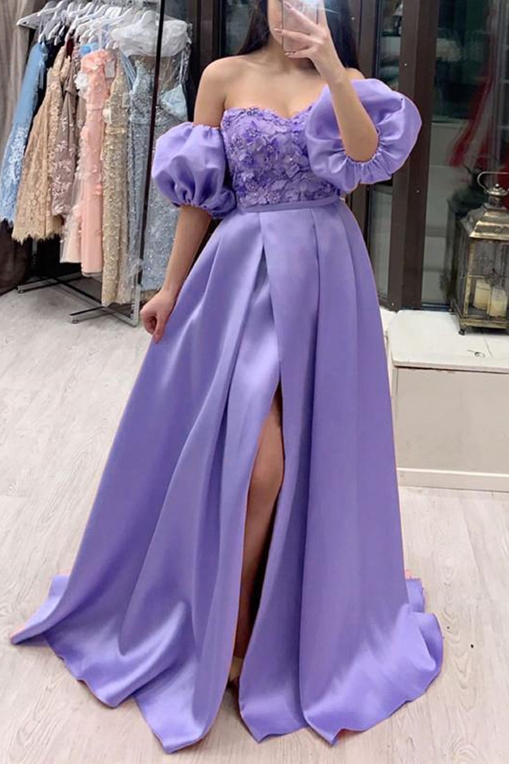 Removable Sleeves Lavender Lace Long Prom Dresses with High Slit, Lavender Lace Formal Dresses, Purple Evening Dresses, EP1650