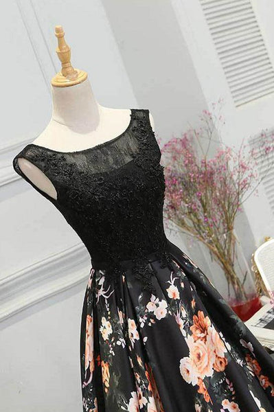 Round Neck Black Floral Lace Long Prom Dresses, Black Lace Floral Long Formal Evening Dresses