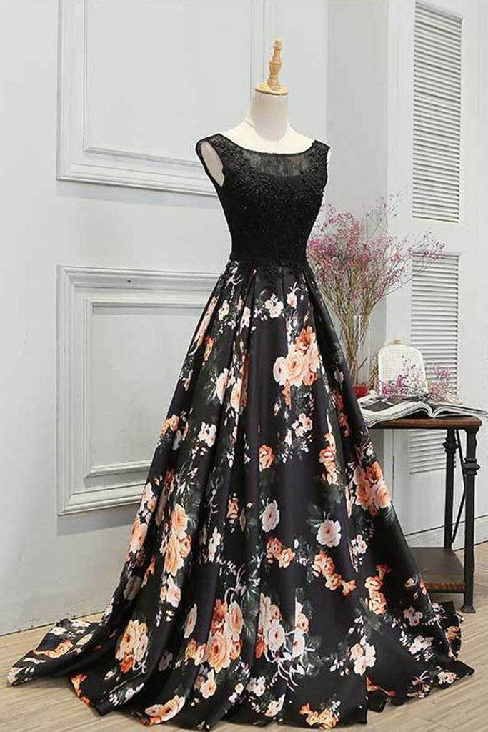 fitted lace wedding dress Round Neck Black Floral Lace Long Prom Dresses, Black Lace Floral Long –  Eip Collection