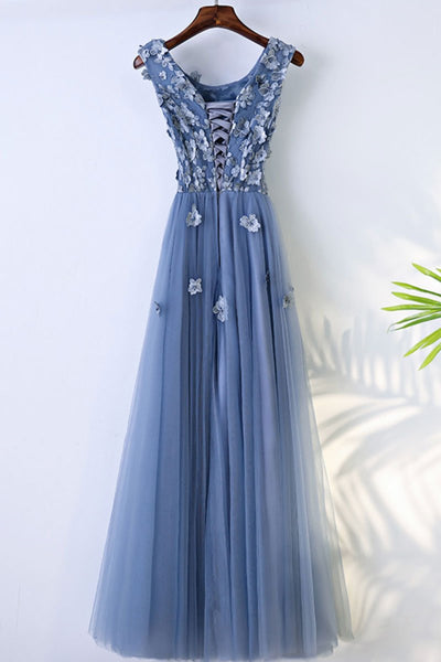 Round Neck Blue Lace Floral Long Prom Dresses, Blue Lace Long Formal Evening Dresses