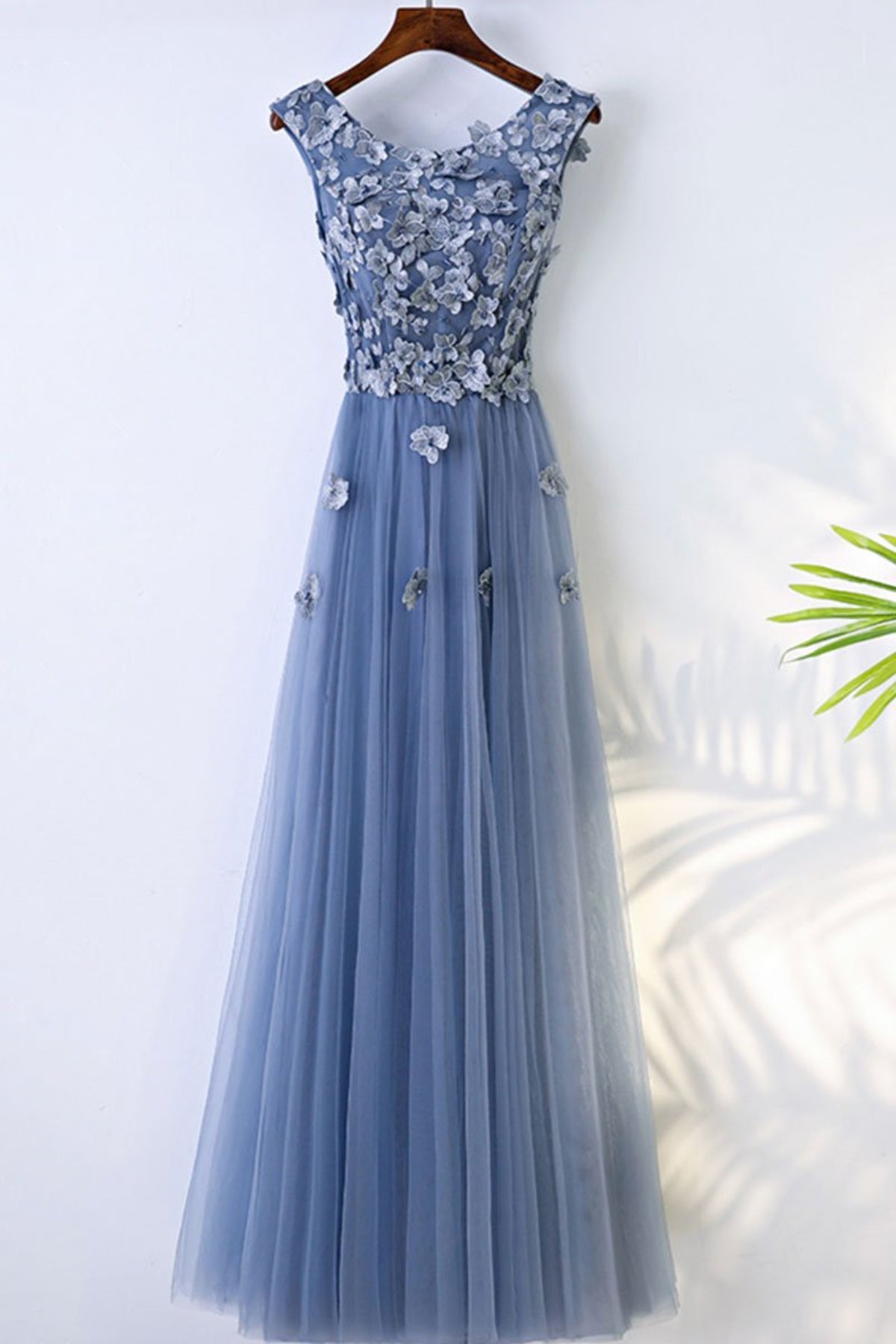 Round Neck Blue Lace Floral Long Prom Dresses, Blue Lace Long Formal E Eip Collection Round Neck Blue Lace Floral Long Prom Dresses, Blue Lace Long Formal E Eip Collection