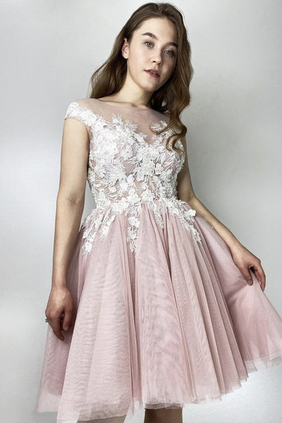 Round Neck Cap Sleeves Pink Lace Short Prom Dress, Pink Lace Homecoming Dress, A Line Pink Formal Evening Dress