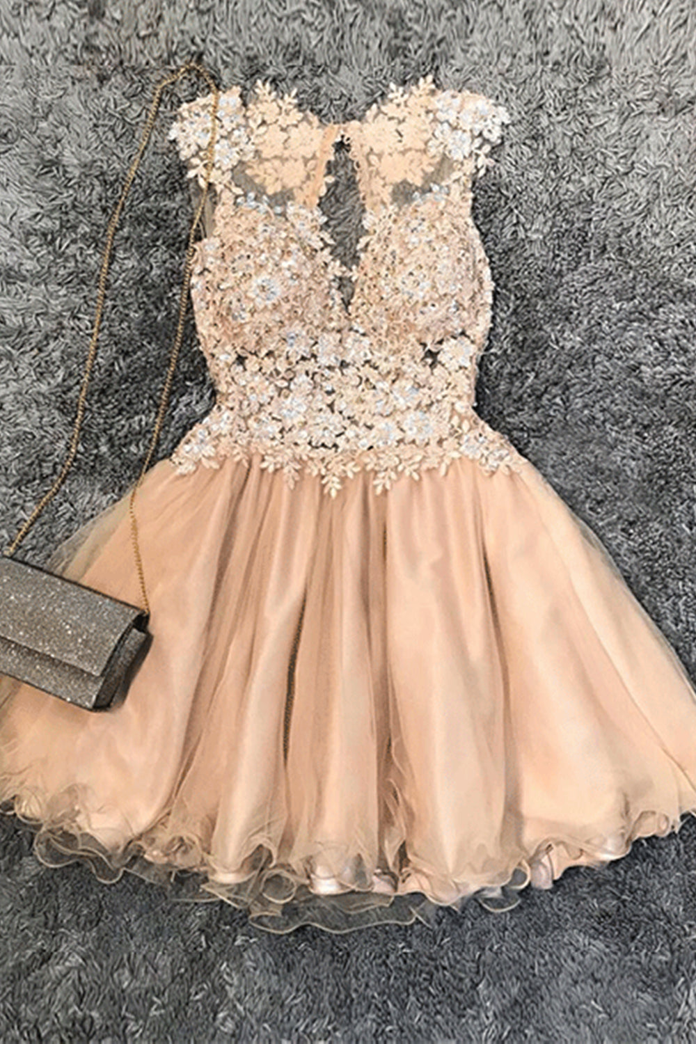 Round Neck Champagne Lace Short Prom Dresses, Champagne Lace Homecoming Dresses, Champagne Formal Evening Dresses EP1637