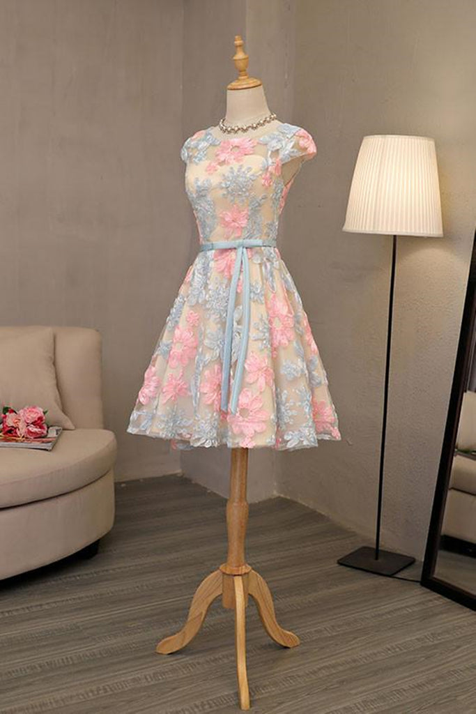 slim fit dress slacks Round Neck Cap Sleeves Colorful Floral Short Prom Dresses, Short Flora –  Eip Collection