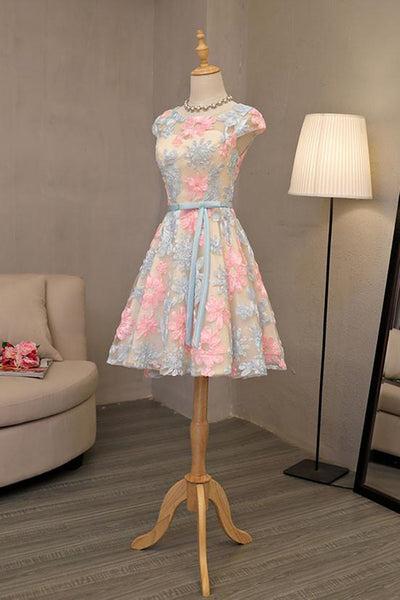 Round Neck Cap Sleeves Colorful Floral Short Prom Dresses, Short Floral Homecoming Graduation Dresses