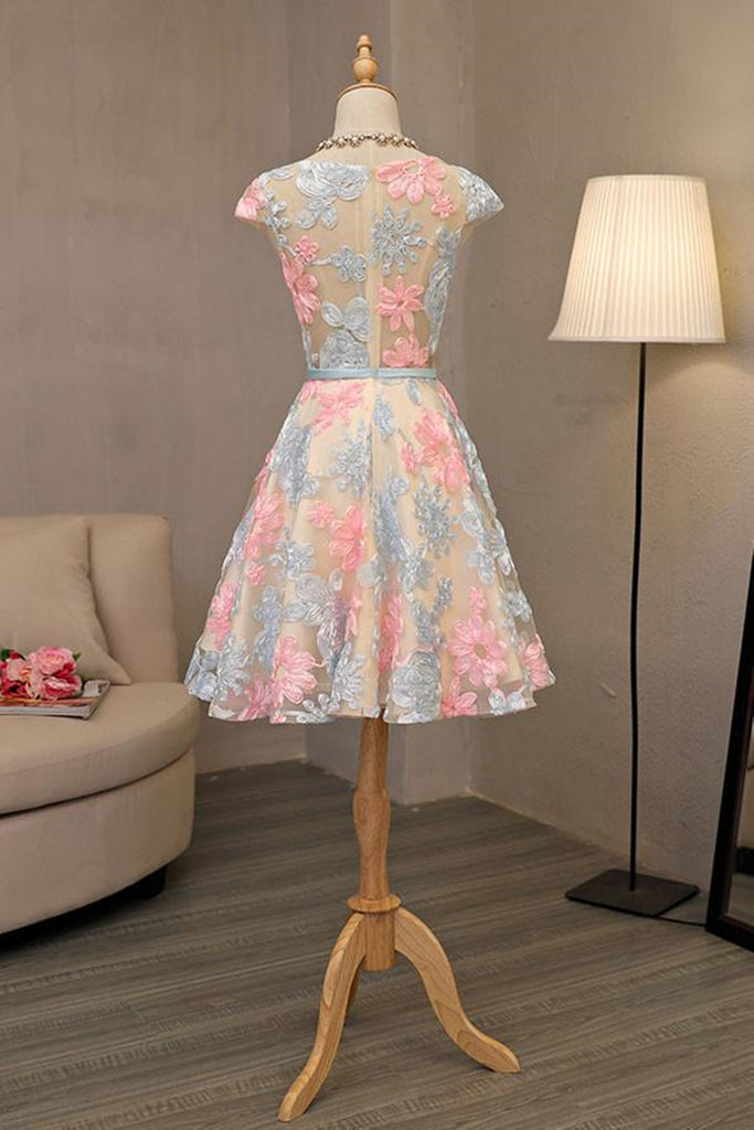 Round Neck Cap Sleeves Colorful Floral Short Prom Dresses, Short Flora –  Eip Collection