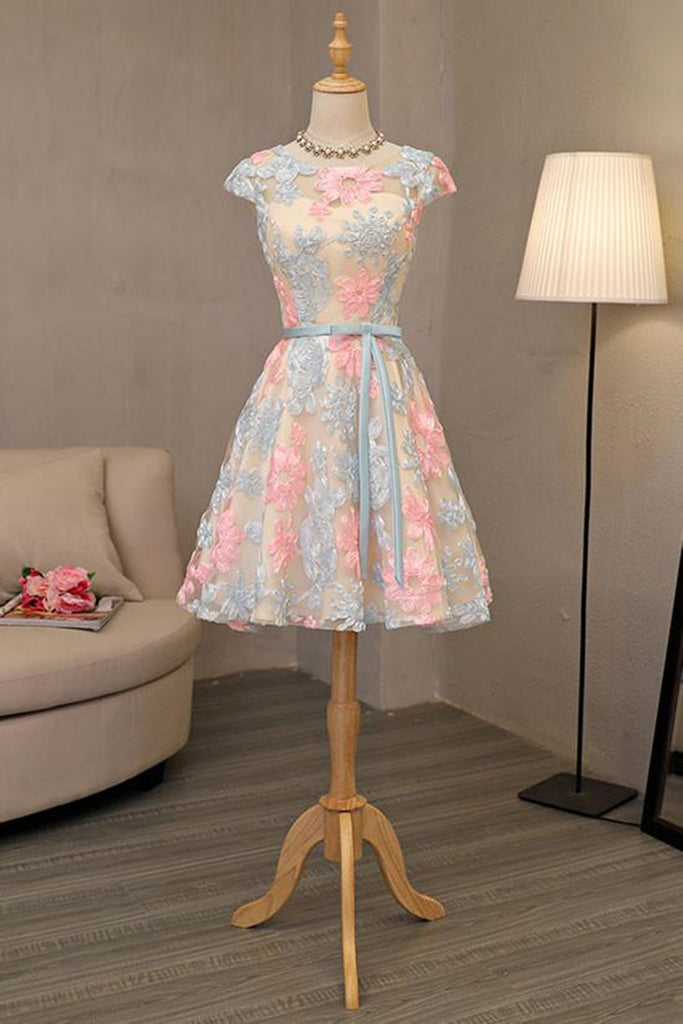 strapless open back dress Round Neck Cap Sleeves Colorful Floral Short Prom Dresses, Short Flora –  Eip Collection