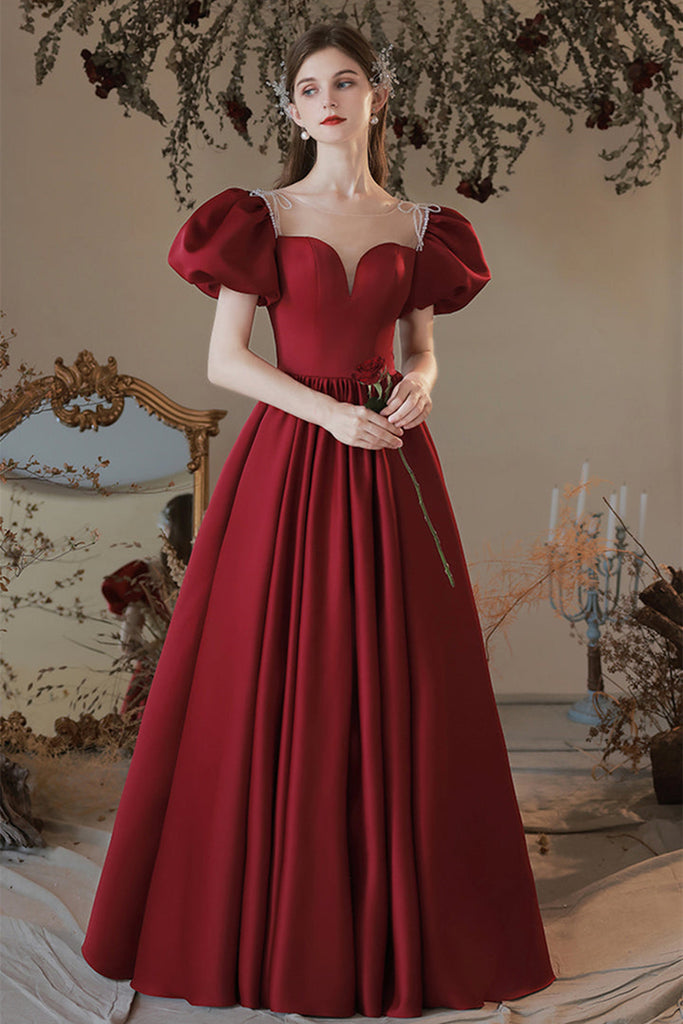 burgundy floor length dress Round Neck Floor Length Burgundy Satin Long Prom Dresses, Burgundy For – Eip Collection