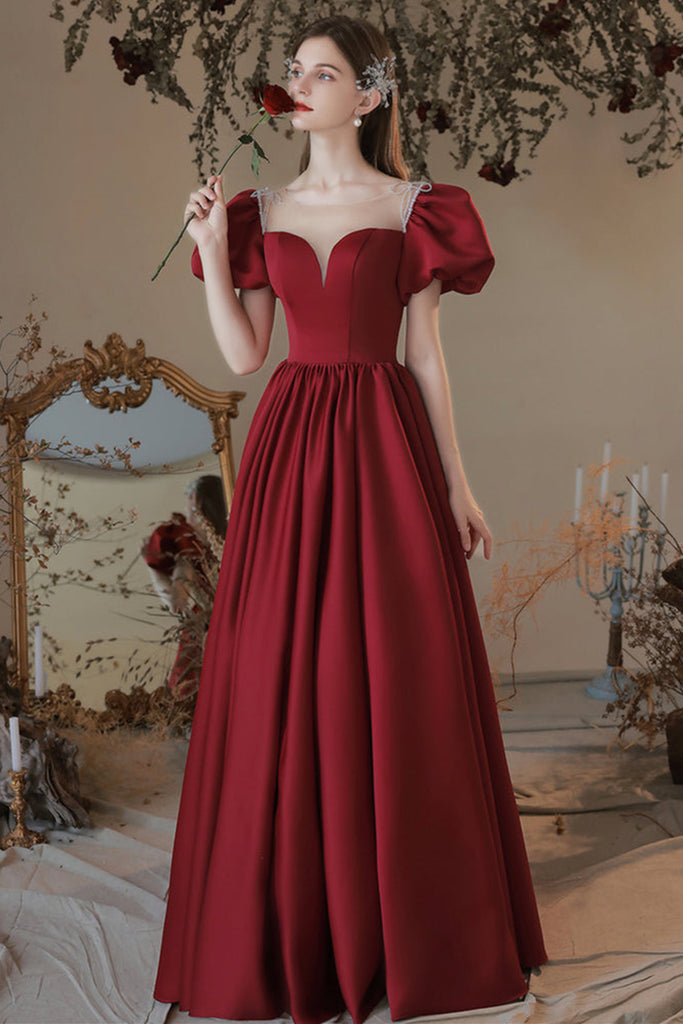 Round Neck Floor Length Burgundy Satin Long Prom Dresses, Burgundy For Eip Collection Round Neck Floor Length Burgundy Satin Long Prom Dresses, Burgundy For Eip Collection