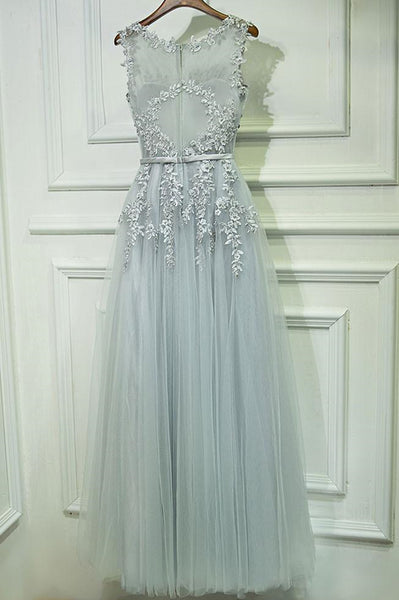 Round Neck Gray Pink Lace Prom Dresses, Gray Pink Lace Formal Evening Dresses