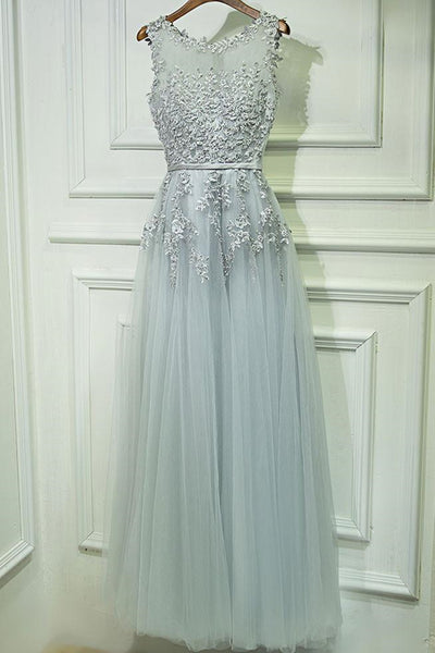 Round Neck Gray Pink Lace Prom Dresses, Gray Pink Lace Formal Evening Dresses