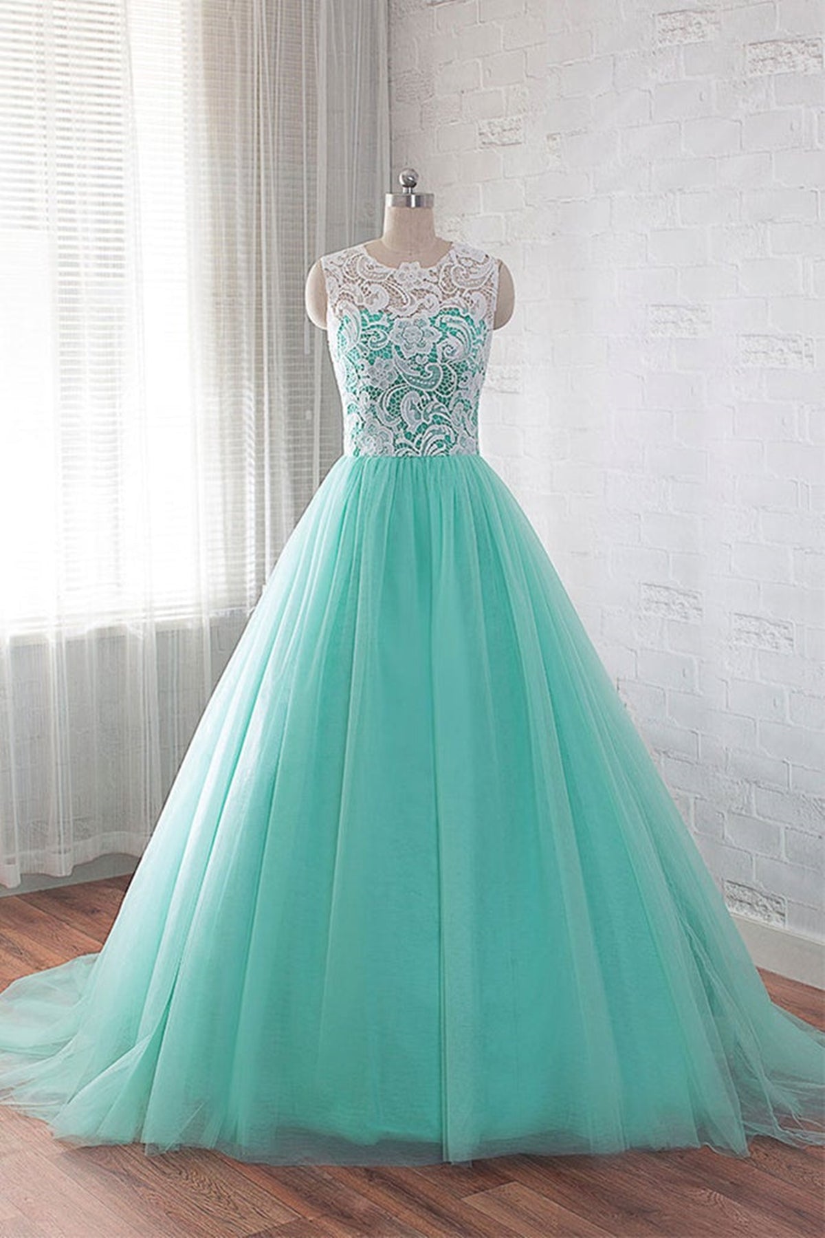 Round Neck Green Lace Tulle Long Prom Dresses, Green Lace Formal Dresses, Green Evening Dresses EP1677
