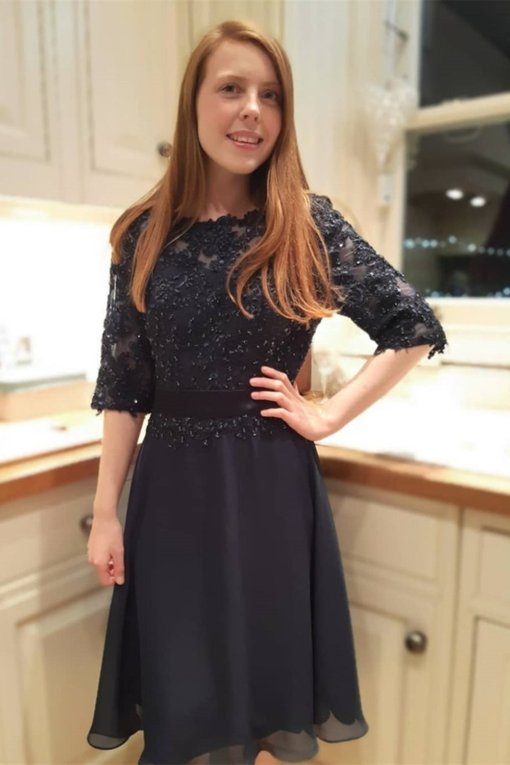 Round Neck Half Sleeves Beaded Black Lace Short Prom Homecoming Dresse Eip Collection Round Neck Half Sleeves Beaded Black Lace Short Prom Homecoming Dresse Eip Collection