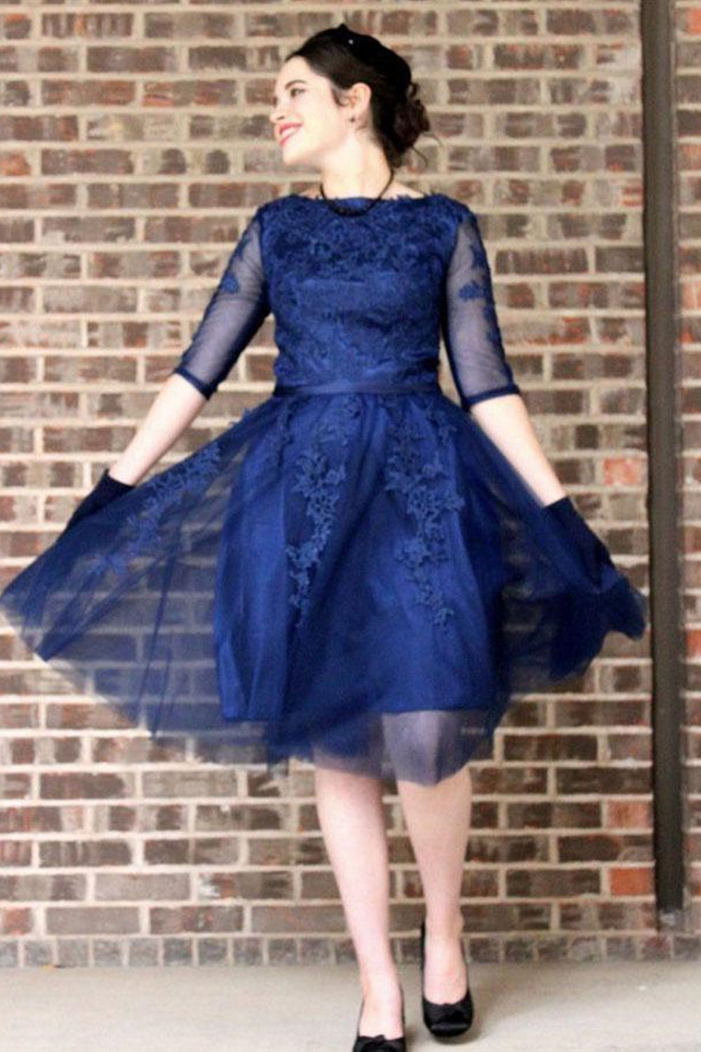 Round Neck Half Sleeves Navy Blue Lace Prom Homecoming Dresses, Navy Blue Lace Formal Graduation Evening Dresses EP1551