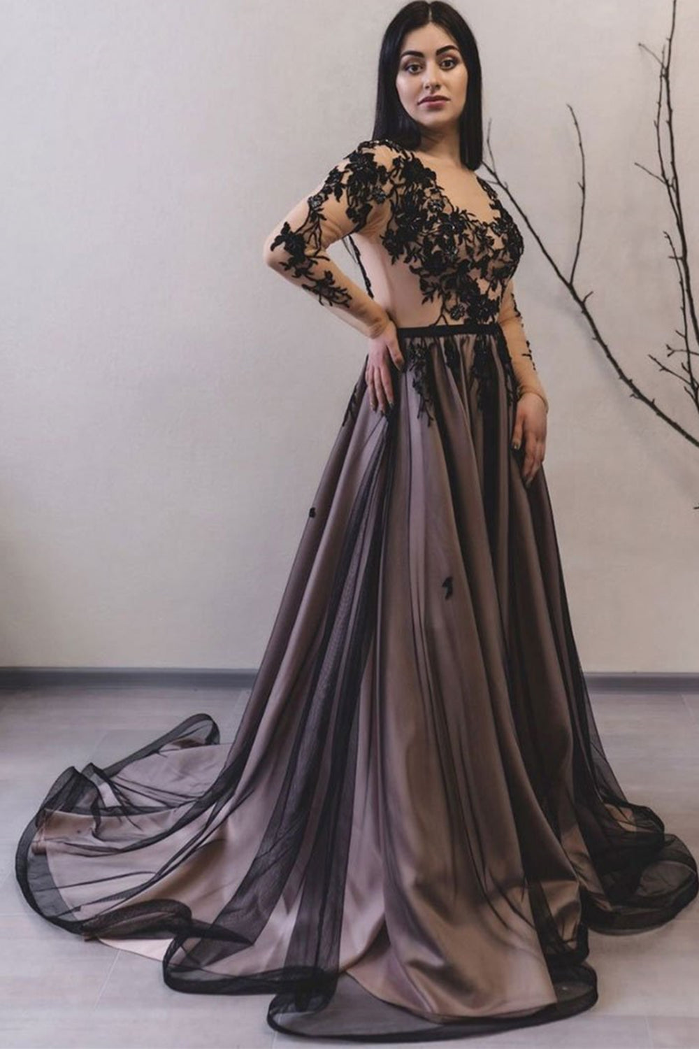 Round Neck Long Sleeves Black Lace Prom Dresses, Long Black Lace Formal Evening Dresses EP1580