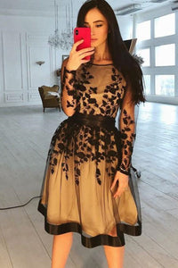 Round Neck Long Sleeves Black Lace Short Prom Homecoming Dresses, Blac Eip Collection Round Neck Long Sleeves Black Lace Short Prom Homecoming Dresses, Blac Eip Collection