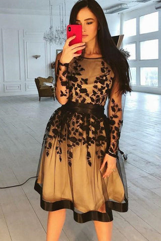 Round Neck Long Sleeves Black Lace Short Prom Homecoming Dresses, Black Lace Formal Graduation Evening Dresses EP1559