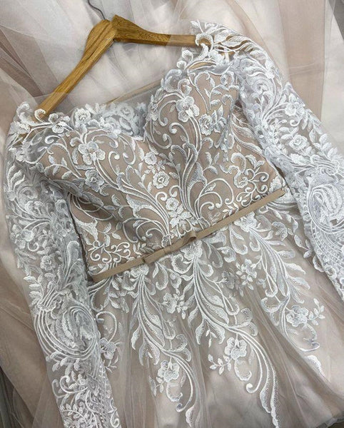 Round Neck Long Sleeves Ivory Lace Long Prom Wedding Dresses, Long Sleeves Ivory Formal Dresses, Ivory Lace Evening Dresses EP1515