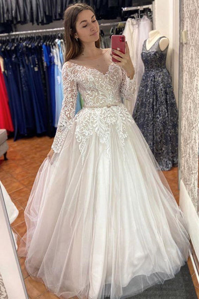 Round Neck Long Sleeves Ivory Lace Long Prom Wedding Dresses, Long Sleeves Ivory Formal Dresses, Ivory Lace Evening Dresses EP1515Round Neck Long Sleeves Ivory Lace Long Prom Wedding Dresses, Long Sleeves Ivory Formal Dresses, Ivory Lace Evening Dresses EP1515