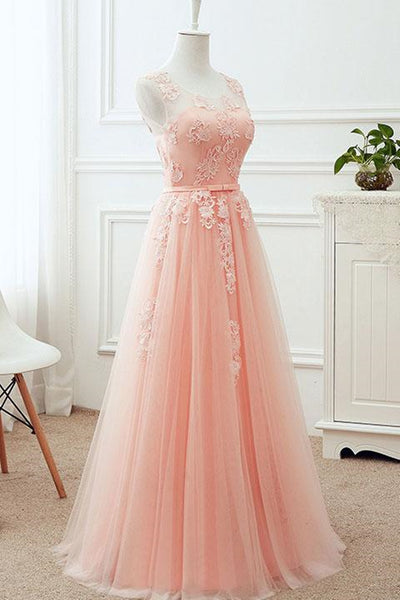 Round Neck Pink Lace Long Prom Dresses, Pink Lace Bridesmaid Dresses