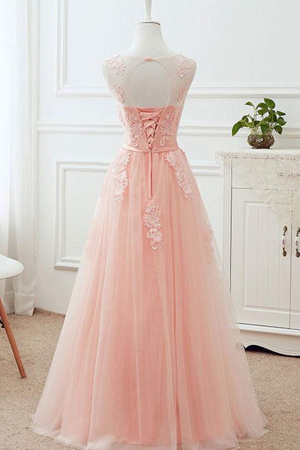Round Neck Pink Lace Long Prom Dresses, Pink Lace Bridesmaid Dresses Eip Collection Round Neck Pink Lace Long Prom Dresses, Pink Lace Bridesmaid Dresses Eip Collection