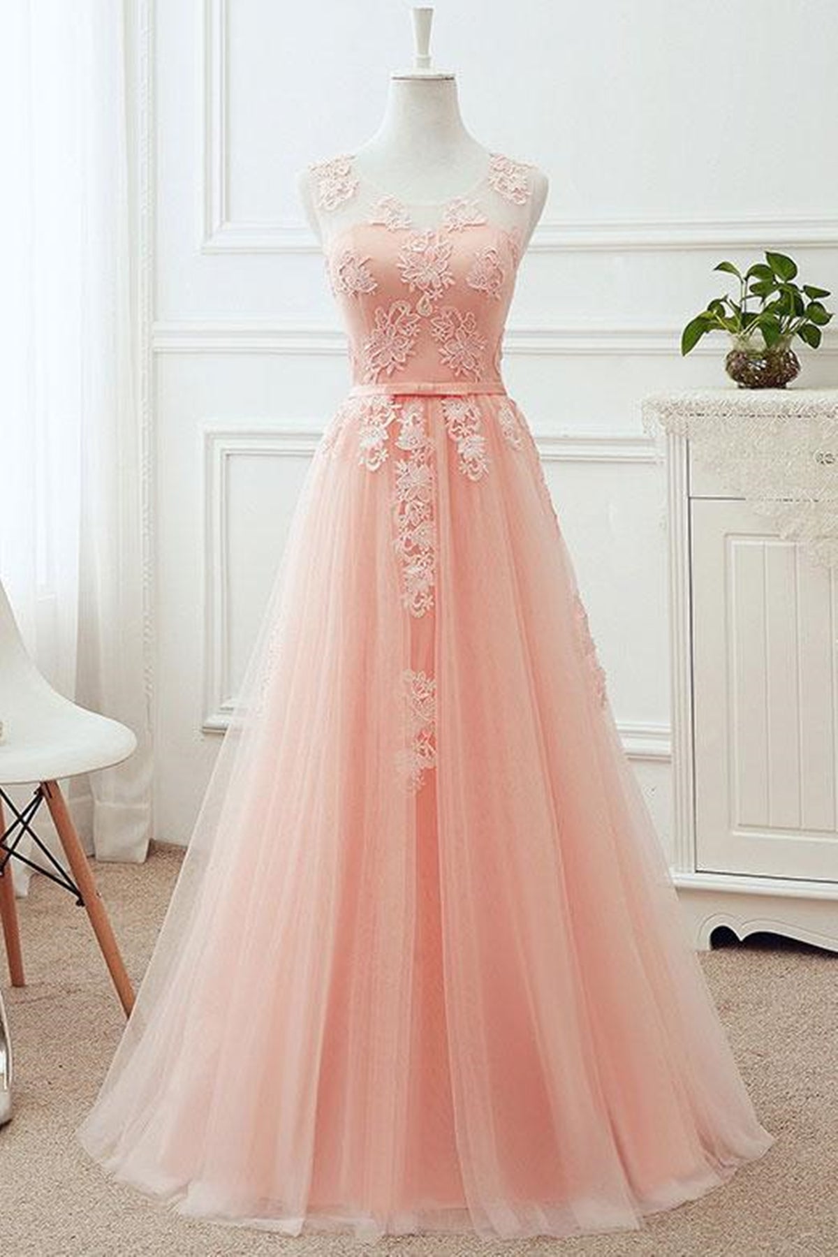 Round Neck Pink Lace Long Prom Dresses, Pink Lace Bridesmaid Dresses Eip Collection Round Neck Pink Lace Long Prom Dresses, Pink Lace Bridesmaid Dresses Eip Collection