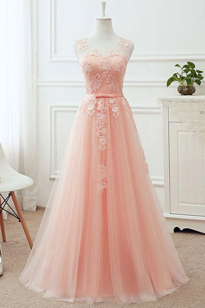 Round Neck Pink Lace Long Prom Dresses, Pink Lace Bridesmaid Dresses