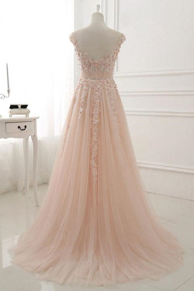Round Neck Pink Lace Prom Dresses, Pink Lace Formal Evening Dresses
