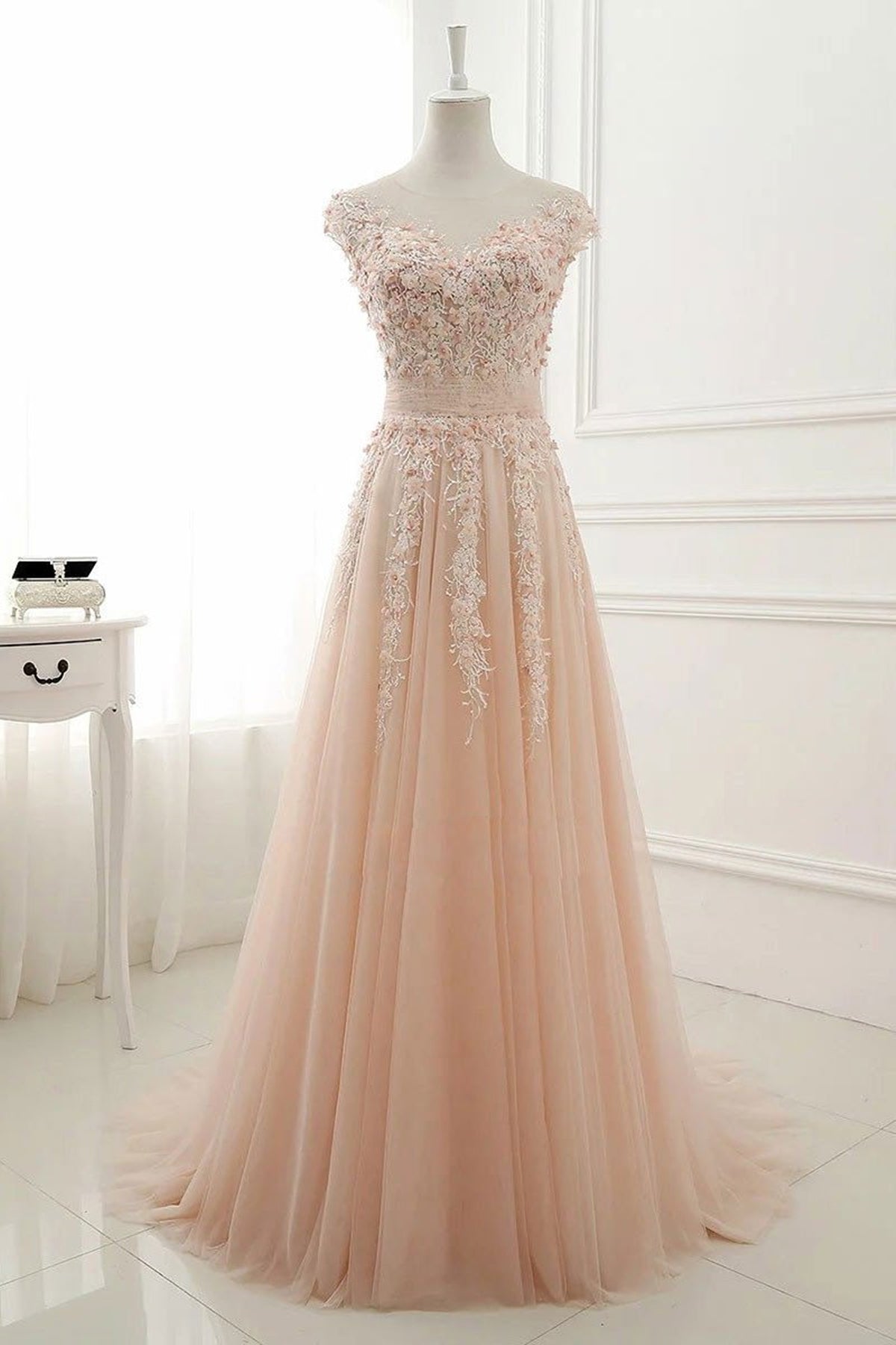 Round Neck Pink Lace Prom Dresses, Pink Lace Formal Evening Dresses