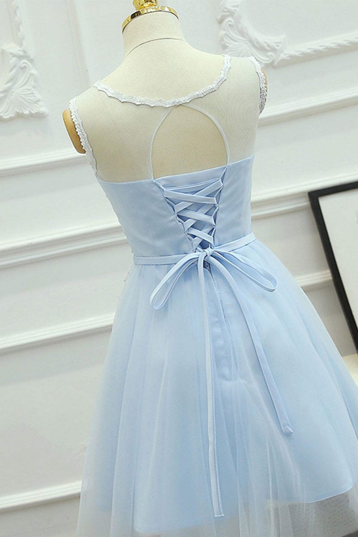 Round Neck Short Blue Lace Prom Dresses, Short Blue Lace Homecoming Gr Eip Collection Round Neck Short Blue Lace Prom Dresses, Short Blue Lace Homecoming Gr Eip Collection