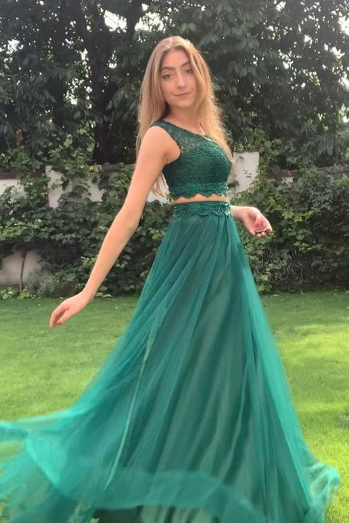 Round Neck Two Pieces Green Beaded Lace Prom Dresses, 2 Pieces Green B Eip Collection Round Neck Two Pieces Green Beaded Lace Prom Dresses, 2 Pieces Green B Eip Collection