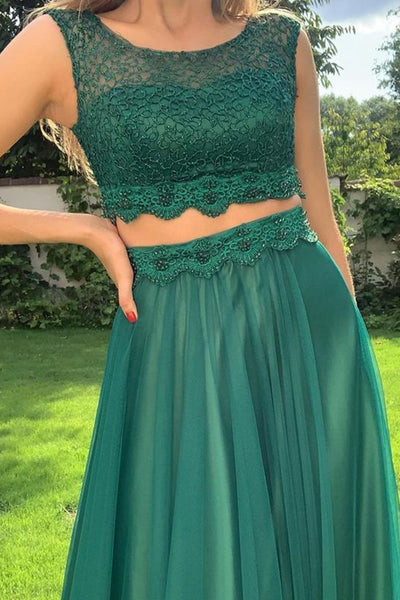 Round Neck Two Pieces Green Beaded Lace Prom Dresses, 2 Pieces Green Beaded Formal Evening Dresses EP1400