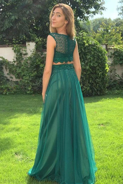 Round Neck Two Pieces Green Beaded Lace Prom Dresses, 2 Pieces Green Beaded Formal Evening Dresses EP1400