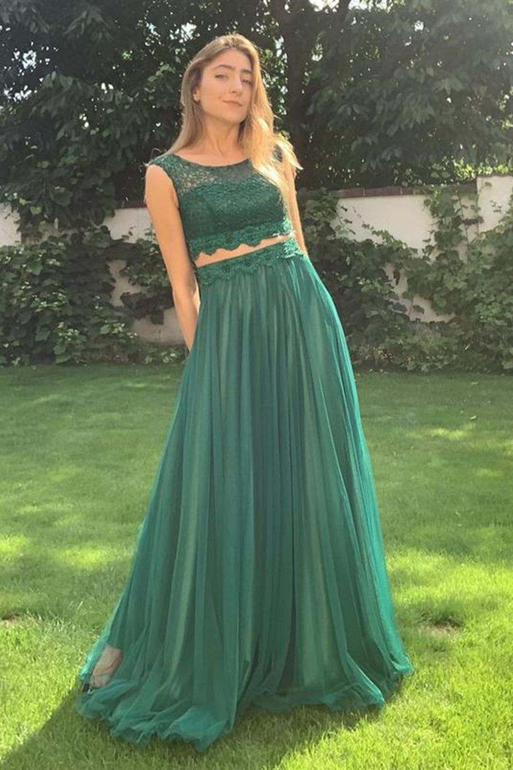 Round Neck Two Pieces Green Beaded Lace Prom Dresses, 2 Pieces Green B Eip Collection Round Neck Two Pieces Green Beaded Lace Prom Dresses, 2 Pieces Green B Eip Collection