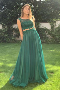 Round Neck Two Pieces Green Beaded Lace Prom Dresses, 2 Pieces Green Beaded Formal Evening Dresses EP1400