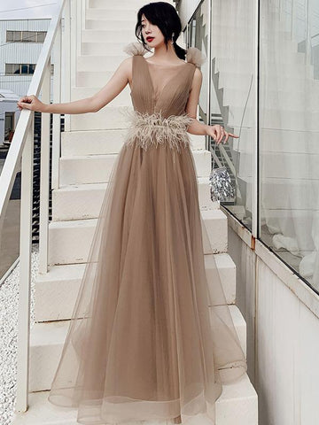 Round Neck Champagne Long Prom Dresses with Corset Back, Long Champagne Formal Evening Dresses