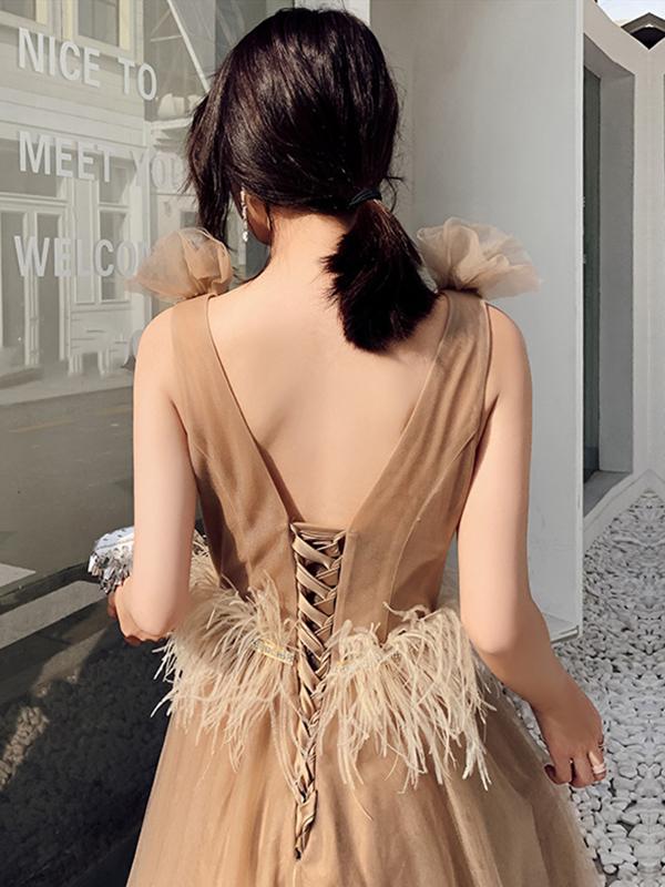 Round Neck Champagne Long Prom Dresses with Corset Back, Long Champagn –  Eip Collection
