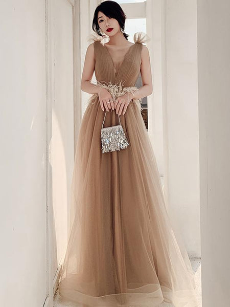 Round Neck Champagne Long Prom Dresses with Corset Back, Long Champagne Formal Evening Dresses