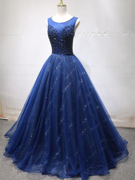 Round Neck Dark Navy Blue Long Prom Dresses with Corset Back, Navy Blue Formal Evening Dresses