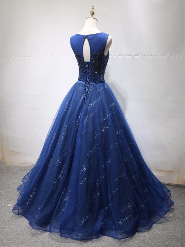 Round Neck Dark Navy Blue Long Prom Dresses with Corset Back, Navy Blu Eip Collection Round Neck Dark Navy Blue Long Prom Dresses with Corset Back, Navy Blu Eip Collection