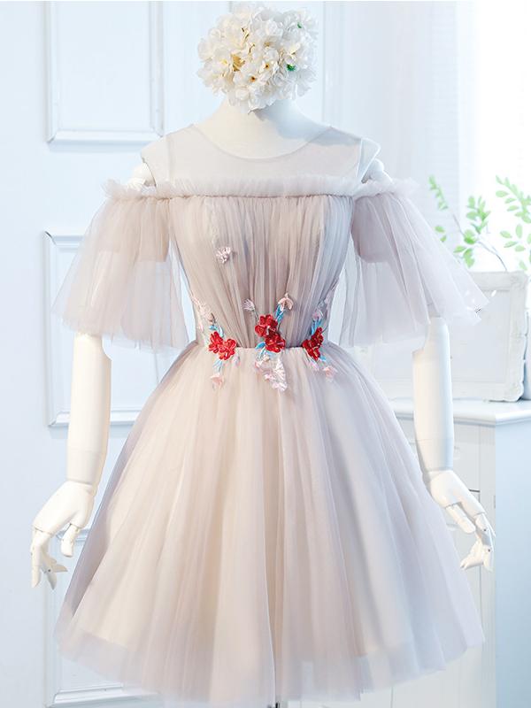 Round Neck Half Sleeves Short Pink Prom Dresses, Half Sleeves Short Pink Graduation Bridesmaid Dresses