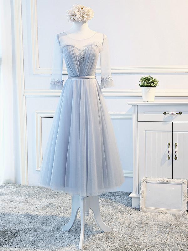 Round Neck Long Sleeves Blue Prom Dresses, Long Sleeves Blue Formal Br