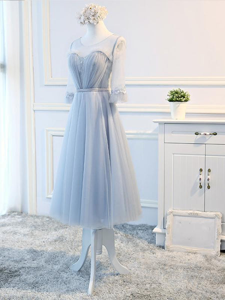 Round Neck Long Sleeves Blue Prom Dresses, Long Sleeves Blue Formal Bridesmaid Evening Dresses