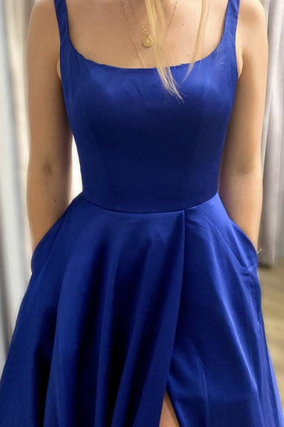Royal Blue Satin Long Prom Dress with Pocket, Simple Royal Blue Formal Dress, High Slit Royal Blue Evening Dress