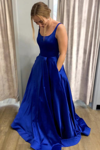 Royal Blue Satin Long Prom Dress with Pocket, Simple Royal Blue Formal Dress, High Slit Royal Blue Evening Dress