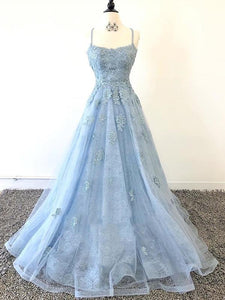 Scoop Neck Light Blue Backless Lace Prom Dresses, Scoop Neck Blue Lace Formal Evening Dresses