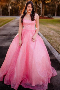 Shiny A Line Spaghetti Straps Pink Long Prom Dresses, Pink Formal Graduation Evening Dresses EP1612