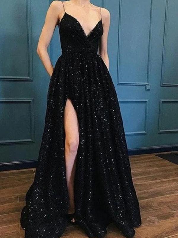 Shiny A Line V Neck Black Lace Prom Dresses, Black Lace Long Formal Evening Dresses