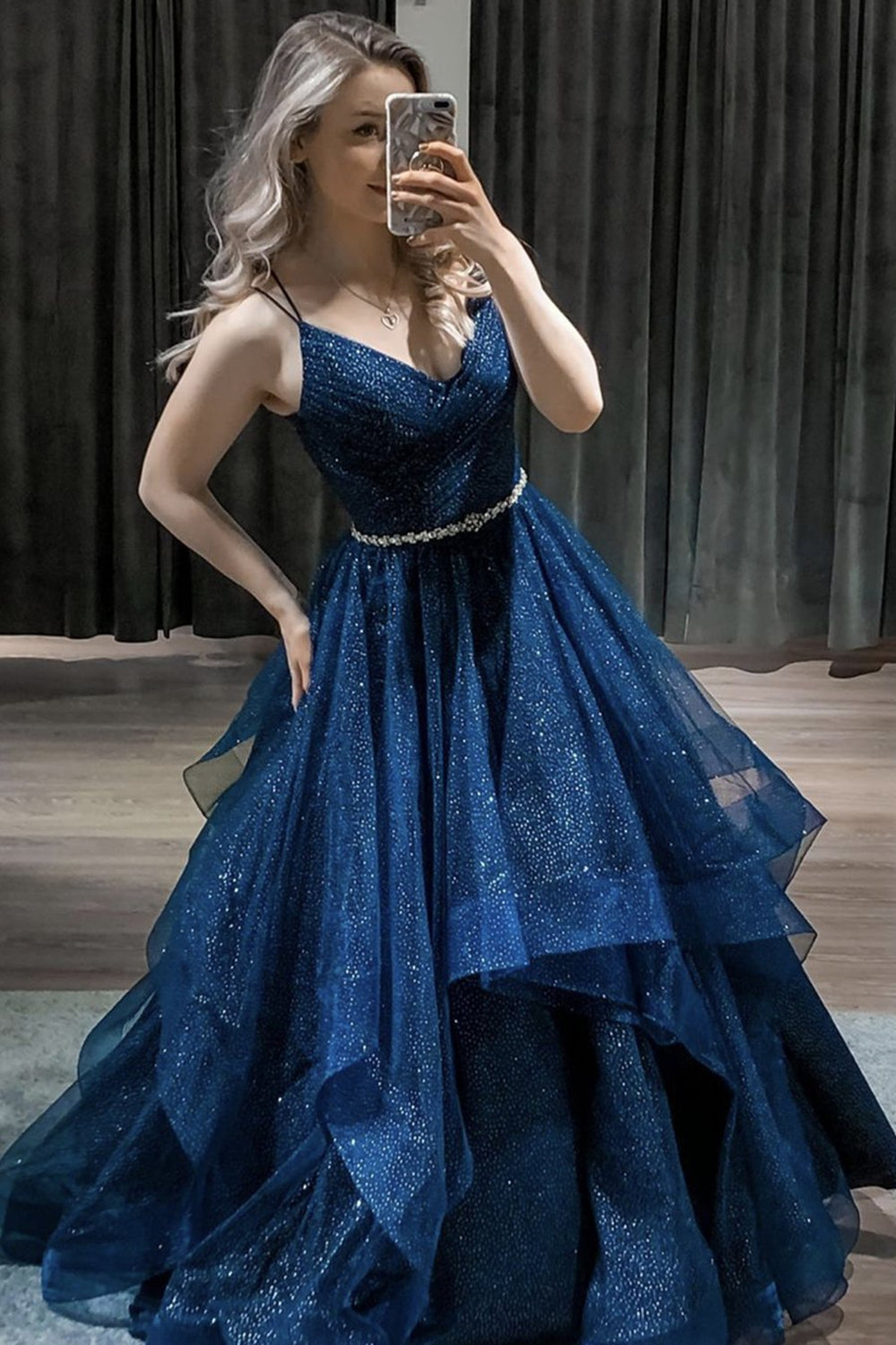Shiny Blue Tulle A Line Long Prom Dress V Neck Formal Dress Fluffy Evening Dress with Belt